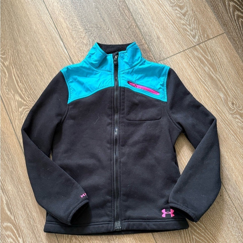 Girls Under Armour Black and‎ Turquoise Fleece youth size medium jacket zip up